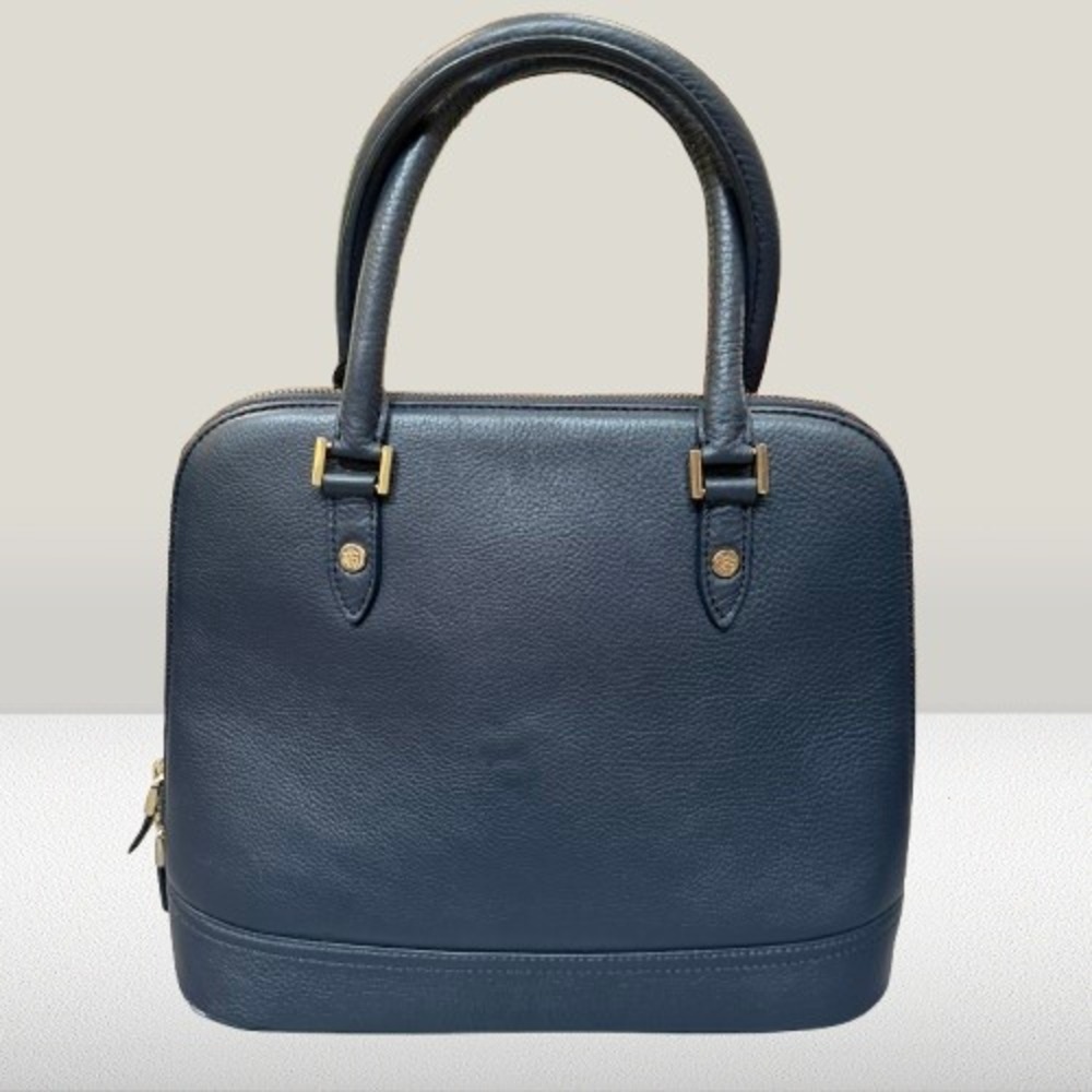 Brooks Brothers Navy Blue Pebbled Leather Dome Satchel Handbag Gold Hardware